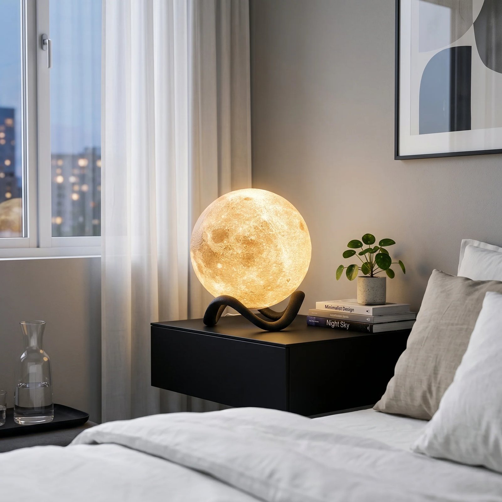 Lámpara luna Estrato sobre una mesa de luz